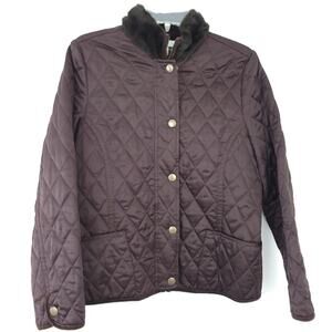 Charter Club Barn Coat Quilted Petite Small Brown Faux Fur Collar Jacket Casual